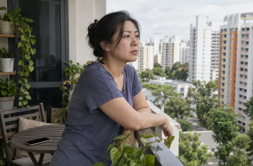 A woman pauses on a balcony overlooking apartment buildings, with her phone set aside.