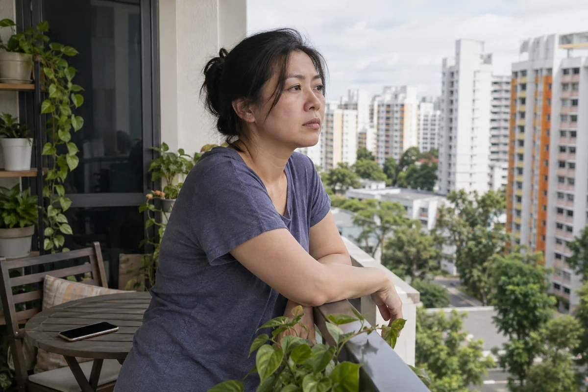 A woman pauses on a balcony overlooking apartment buildings, with her phone set aside.