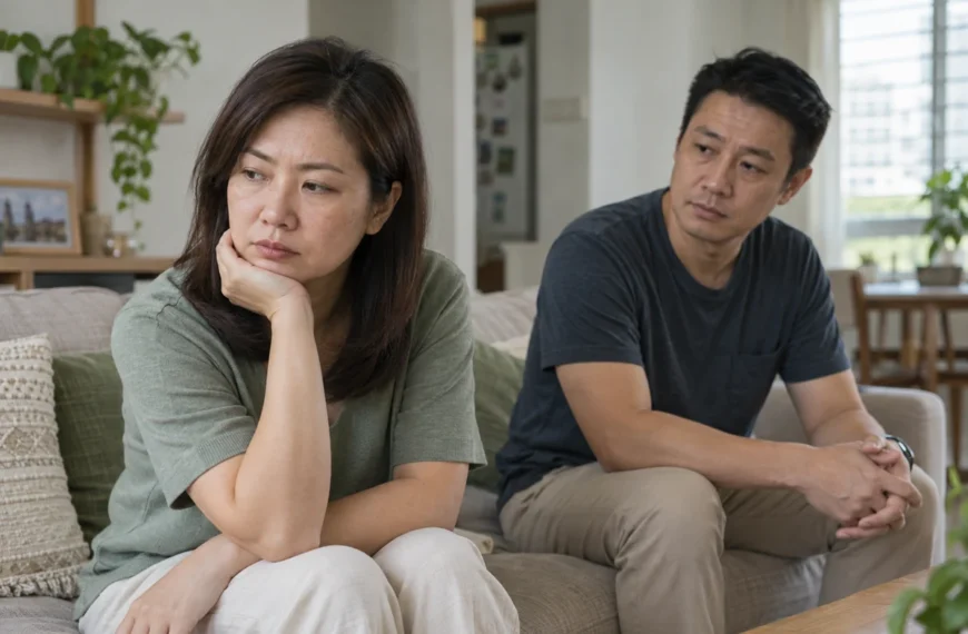 A woman sits thoughtfully in the foreground while her partner listens a short distance away.