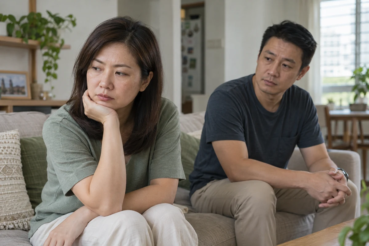 A woman sits thoughtfully in the foreground while her partner listens a short distance away.