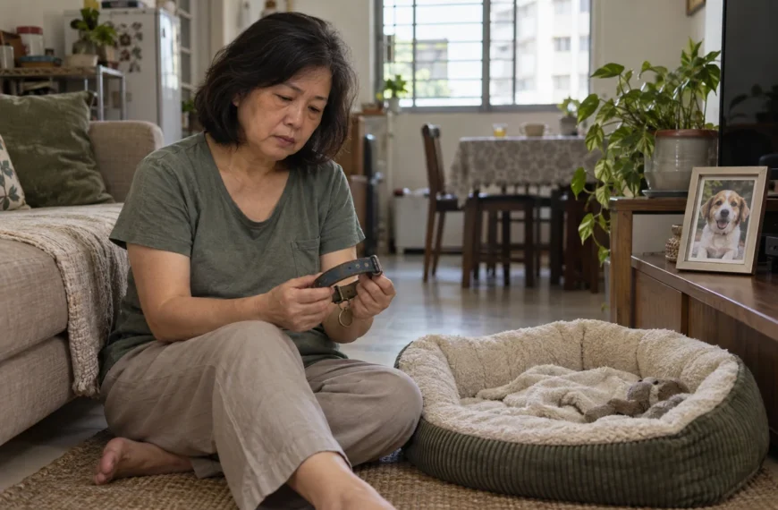 A woman holds a dog collar beside an empty pet bed and a framed dog photograph.