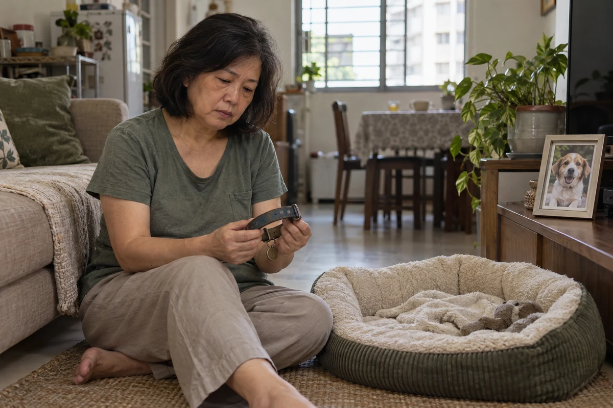 A woman holds a dog collar beside an empty pet bed and a framed dog photograph.