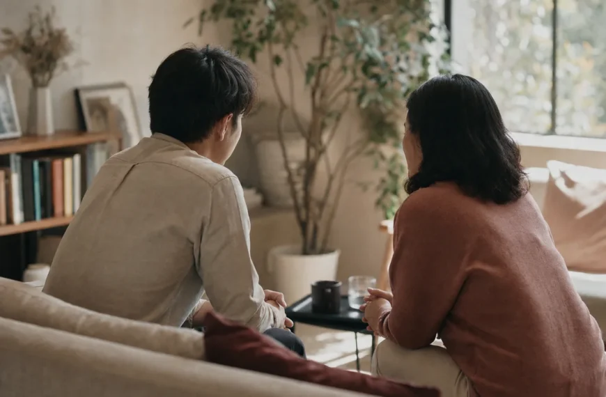 Two adults talking on a sofa, with space between them.