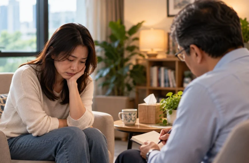 A woman looks down while talking with a counsellor in a softly lit room.