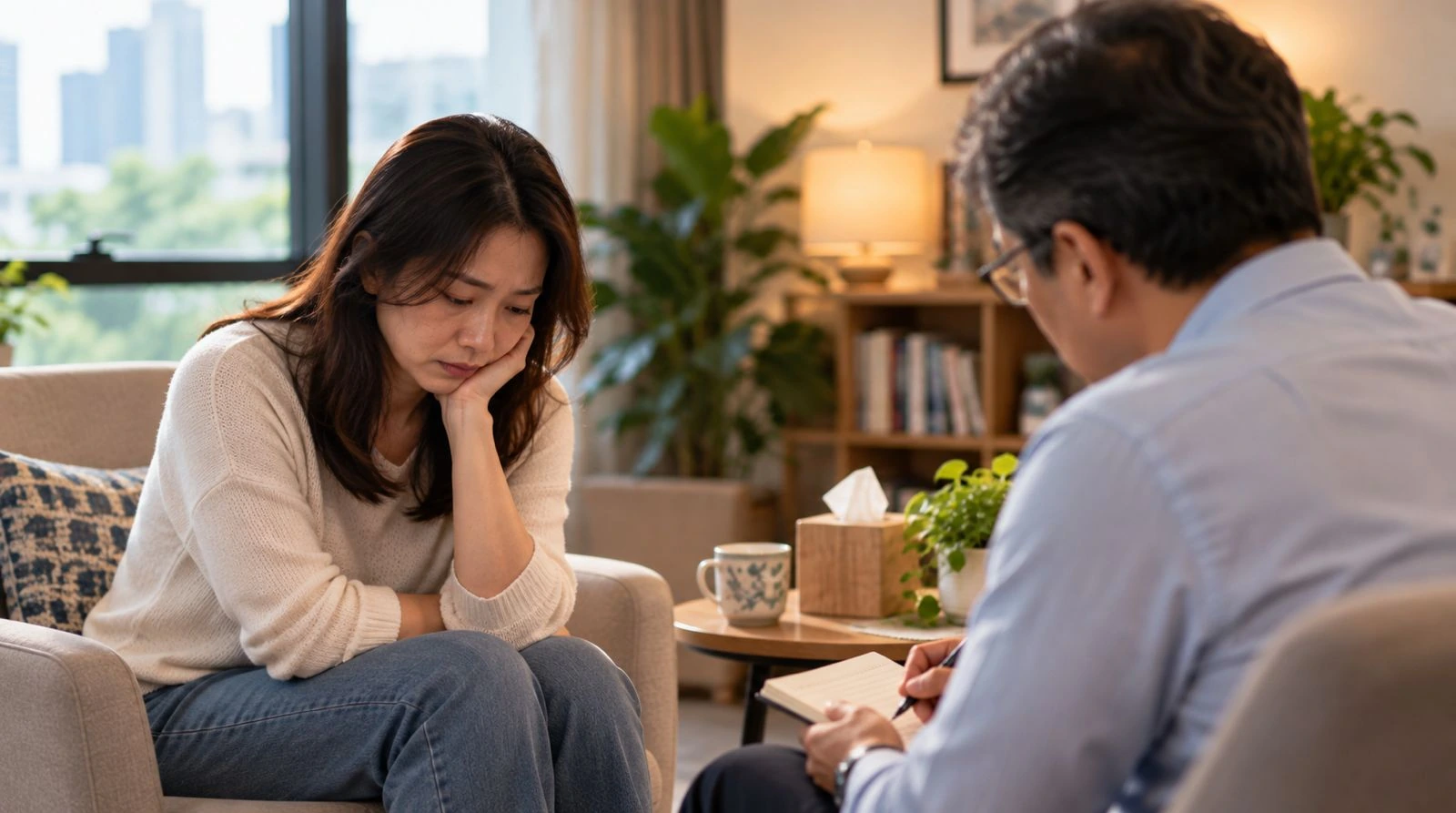 A woman looks down while talking with a counsellor in a softly lit room.