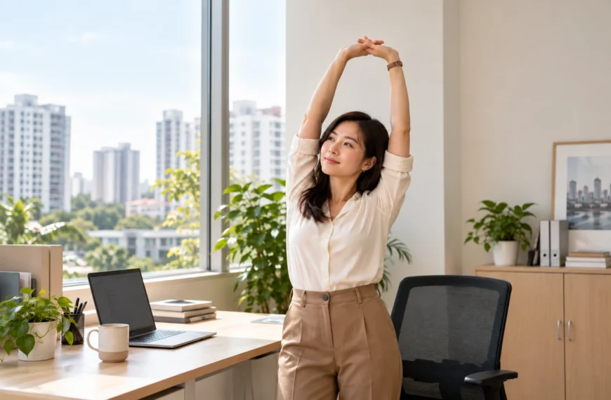 A woman takes a brief stretch break beside her office desk.