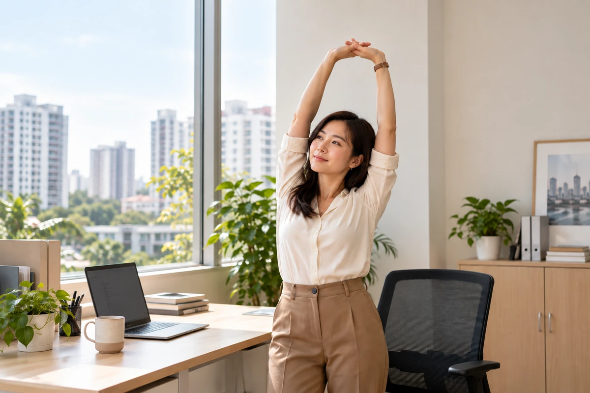 A woman takes a brief stretch break beside her office desk.