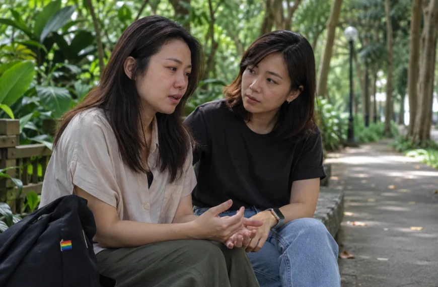 Two women talk quietly on a shaded park path, with a small rainbow pin on a bag.