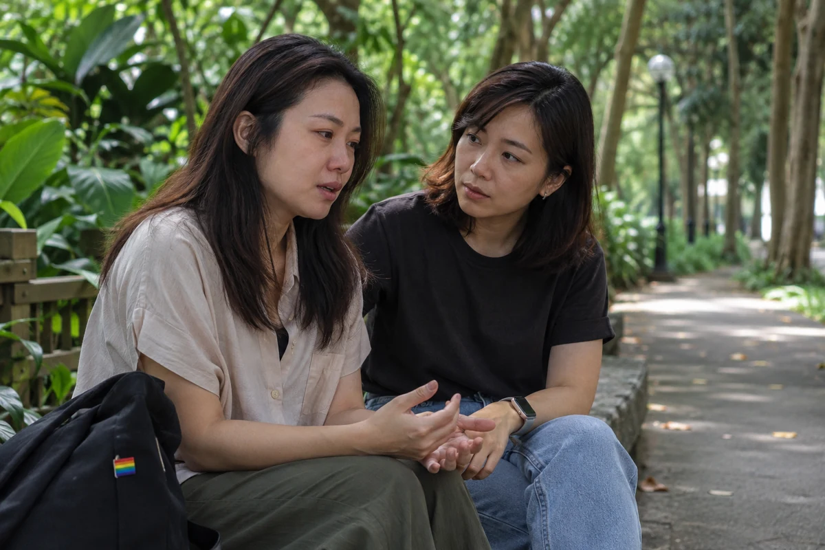 Two women talk quietly on a shaded park path, with a small rainbow pin on a bag.