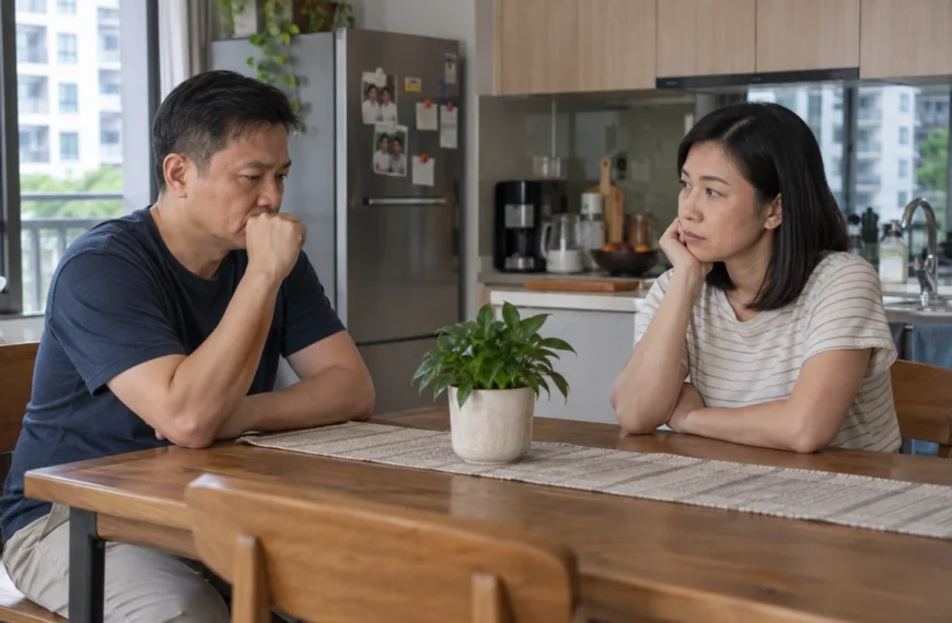 A man and woman sit apart during a serious conversation at their kitchen table.