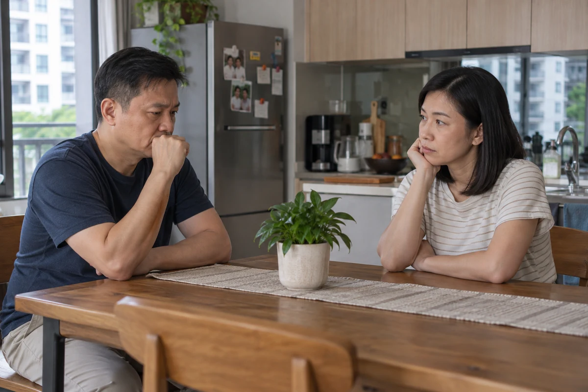 A man and woman sit apart during a serious conversation at their kitchen table.