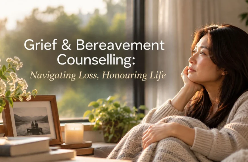 A woman sitting beside a window, with the title Grief & Bereavement Counselling: Navigating Loss, Honouring Life.
