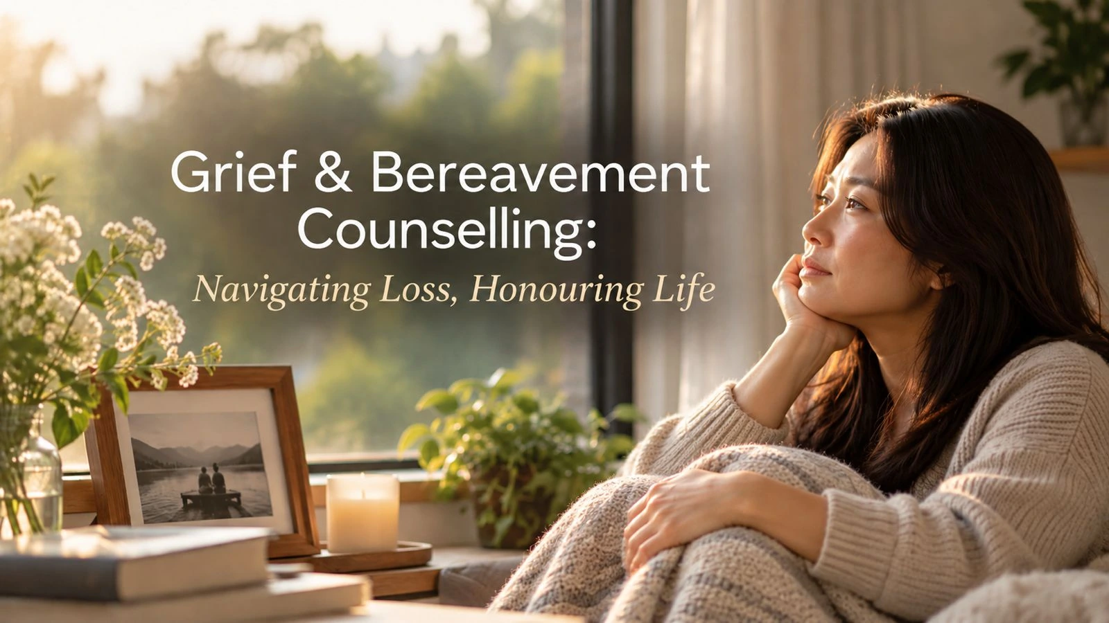 A woman sitting beside a window, with the title Grief & Bereavement Counselling: Navigating Loss, Honouring Life.