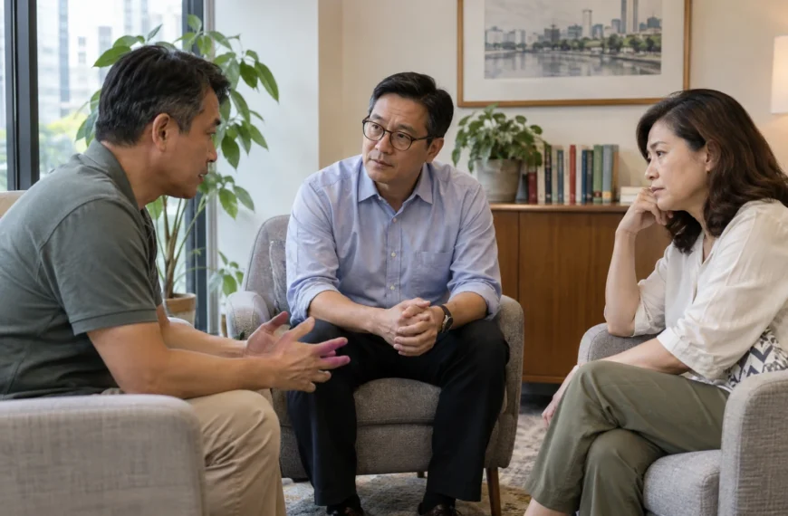 A couple sit in separate chairs while a counsellor listens to their discussion.