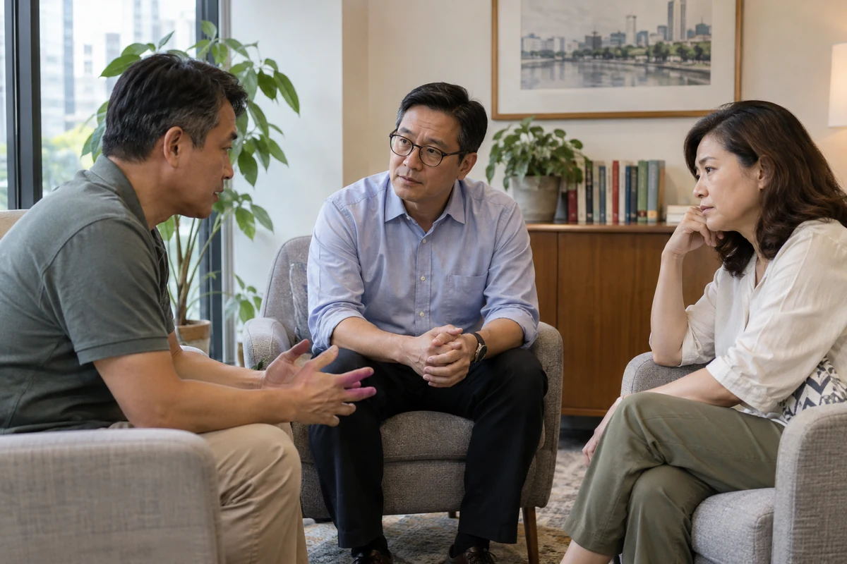 A couple sit in separate chairs while a counsellor listens to their discussion.