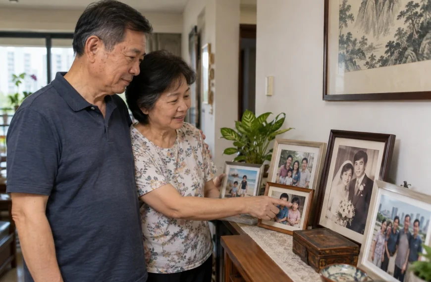 An older couple look together at framed photographs from different periods of family life.