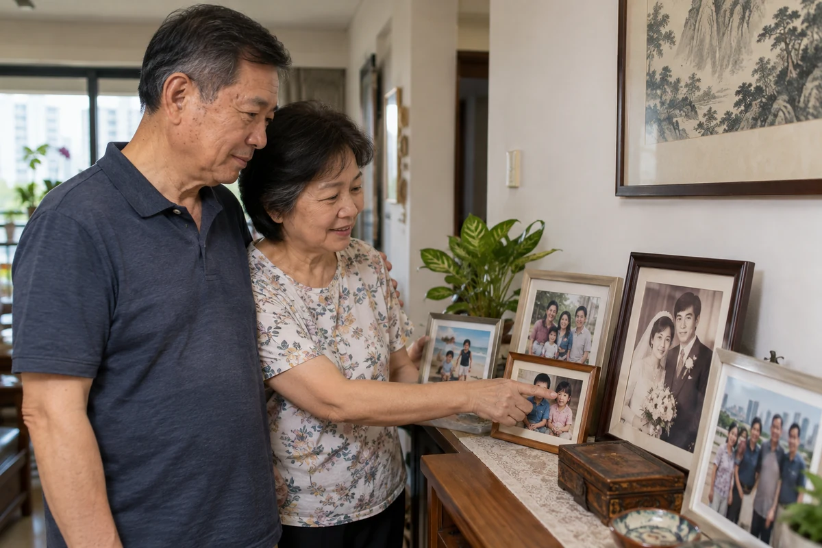 An older couple look together at framed photographs from different periods of family life.