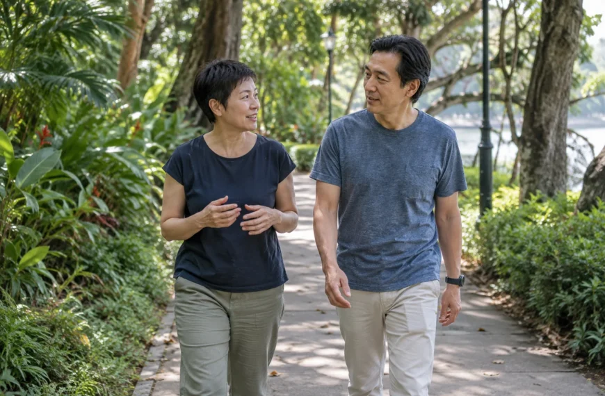A woman and man walk side by side while talking on a shaded park path.