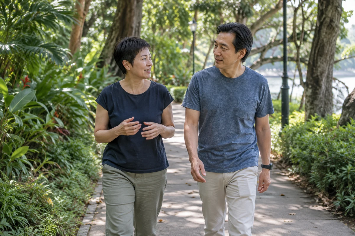 A woman and man walk side by side while talking on a shaded park path.