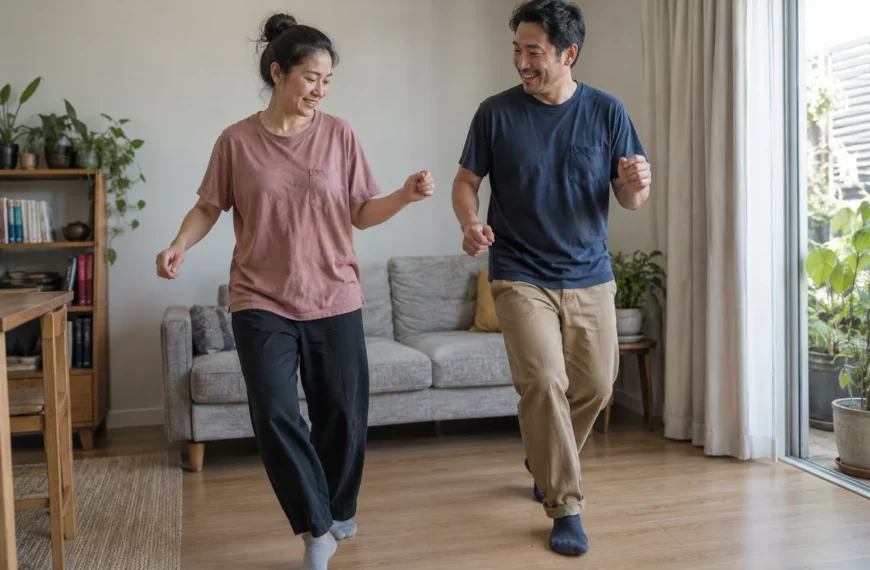 Two adults practising a simple dance step in a bright room.