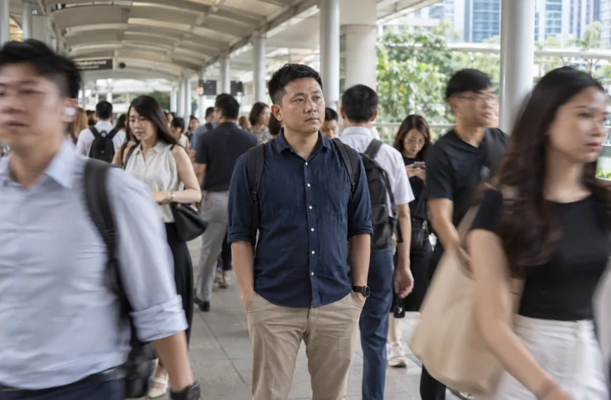 A man stands still while a crowd passes around him on a covered walkway.