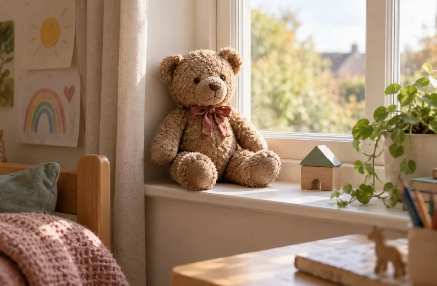 A well-loved teddy bear on a windowsill.