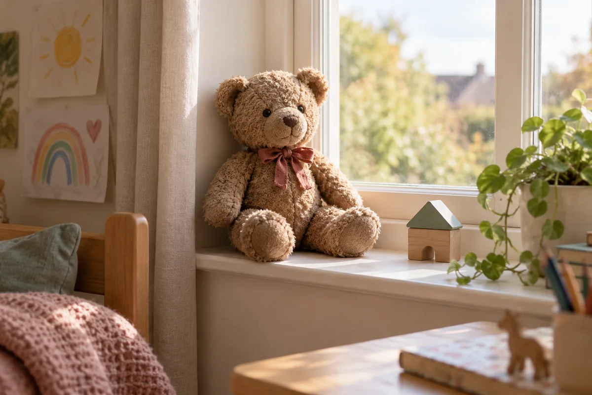 A well-loved teddy bear on a windowsill.