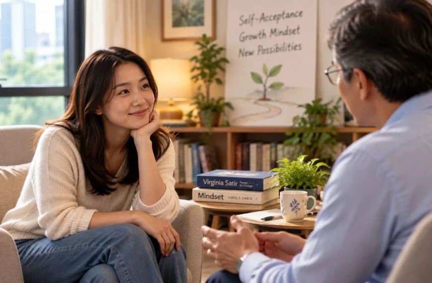 A woman speaks with a counsellor beside books by Virginia Satir and Carol Dweck.