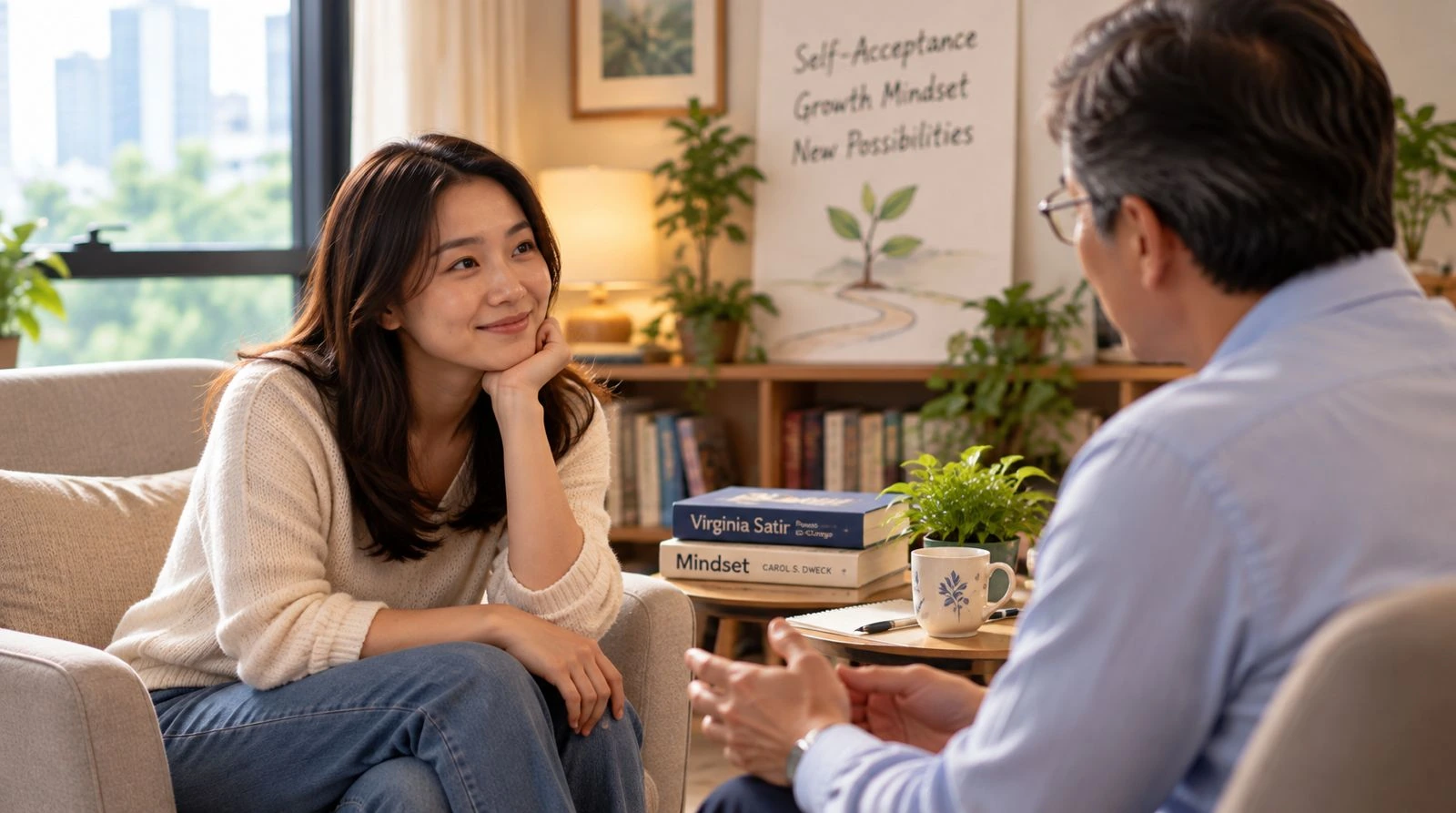 A woman speaks with a counsellor beside books by Virginia Satir and Carol Dweck.