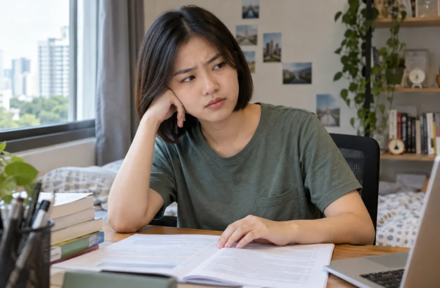 A young adult pauses thoughtfully while studying a passage at a desk.
