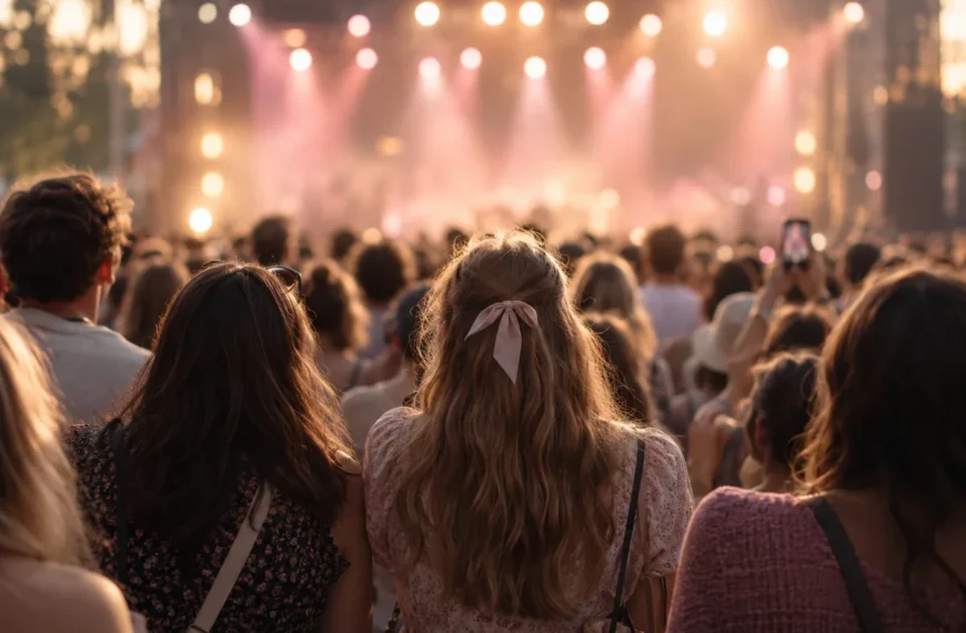 A concert audience seen from behind under soft stage lights.