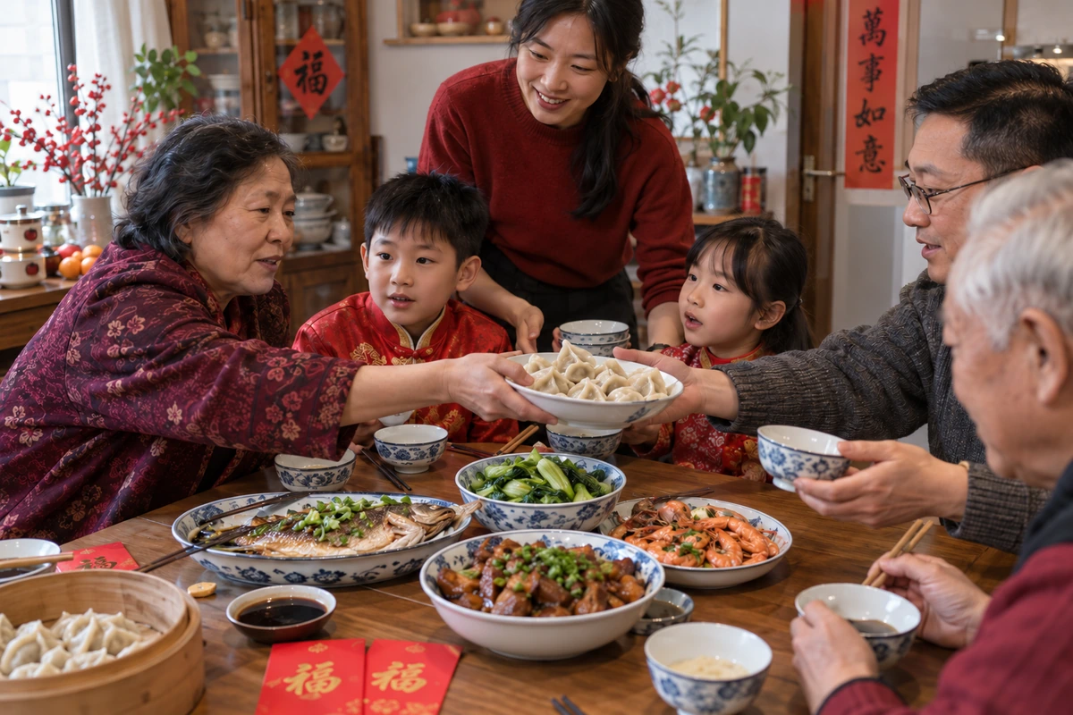 A family shares a Chinese New Year meal while passing a bowl of dumplings.