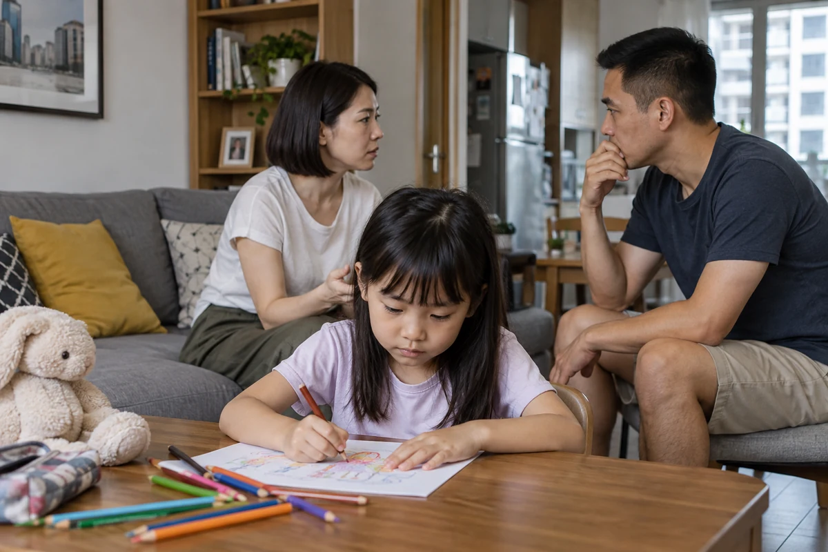 A child draws quietly while two parents have a concerned conversation nearby.