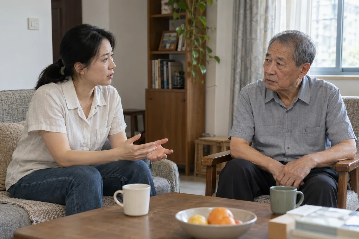 An adult child and an older parent seated with space between them.