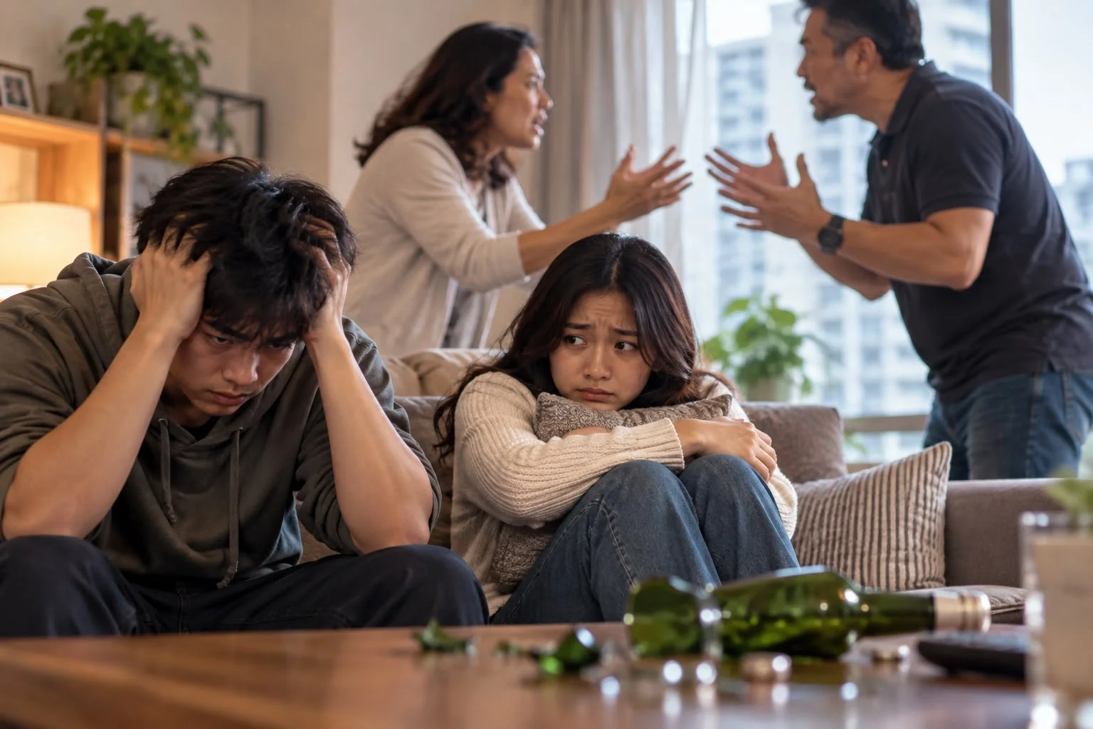 A teenage son holds his head and his sister hugs her knees as their parents argue, bottles on the table.